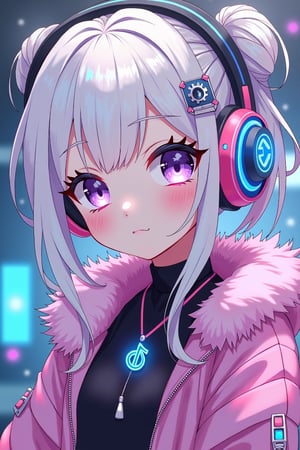 kawaii cyberpunk, kawaii cyberpunk style, vibrant, pastel color palette, dynamic hair design, kawaii clothing style, tech-inspired accessories, glowing effects, kawaii aesthetic, 1girl, solo, heterochromia, blue eyes, headphones, white hair, looking at viewer, blush, hair ornament, bangs, purple eyes, jacket, musical note, blurry, closed mouth, upper body, virtual youtuber, fur trim, black shirt, hair bun, chibi aesthetic, whimsical floating objects, popping visual effects, fantasy elements, detailed accessories