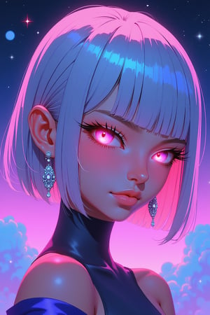 highly detailed portrait of a futuristic anime-style female character with short, sleek, silver hair glowing in vibrant neon hues of pink, purple, and blue. She has large, expressive eyes with glowing pink irises, framed by long, sharp eyelashes. The character is wearing ornate earrings that catch the light, adding a touch of luxury and sophistication. Her expression is neutral yet intense, giving off a mysterious vibe. The lighting reflects soft neon glows across her face and hair, creating a dreamlike, ethereal atmosphere. The background features a cosmic, star-filled sky with subtle clouds, reinforcing the futuristic and fantasy elements. The overall style is cyberpunk, with high-contrast shading, soft lighting effects, and a focus on digital, cinematic aesthetics