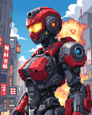 Mecha girl, town background, explosive, pixel art