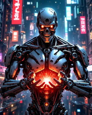 robot, terminator, skull face, futuristic, neon in hands, glowing, futuristic town background