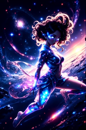 1girl, space, cosmos, translucent skin, colorful, magic, detailed, floating, glowing eyes, glowing hair, warped perspective, chromatic aberration, science fiction