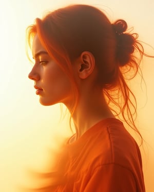 1girl, transparent hair effect, Warm Color Palette, Silhouette Outline, Double Exposure, Vignetting double exposure, double_exposure