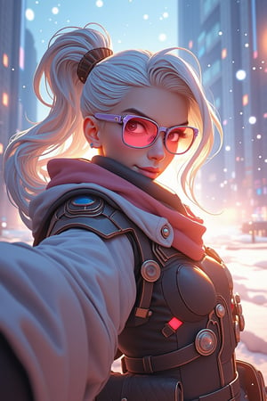 (((masterpiece))) , (((best quality))) , anime style, 2d, Golden ratio, selfie shot angle of a lowborn Futuristic Southern Sergeant (good-looking 1girl, solo:1.1) , in Bustled Dirac, White hairstyle, Feral Belt, ray-ban glasses and Fantasy Makeup, Snowy, Minecraft, Colorful, artstation, magic atmosphere, pure, ambient background, unique, enhanced quality