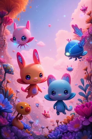 Create a vivid and imaginative scene of cute, alien interplanetary creatures with unique and never-before-seen features. These creatures have vibrant colors, unusual shapes, and adorable, expressive eyes. They are small, playful, and appear curious, living in an environment filled with strange, exotic plants with glowing leaves and flowers of bizarre, unearthly shapes. The fauna includes floating, jellyfish-like beings that hover in the air, and small, insect-like creatures with iridescent wings. The landscape is otherworldly, with soft, luminescent terrain and a sky that shimmers in shades of pink and purple