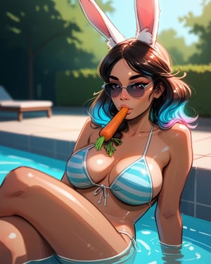 score_9, score_8_up, score_7_up, outdoors,sunlight,mature female,pekomamadef,curvy,thick eyebrows, bunny-shaped pupils, rabbit ears, animal ear fluff,sitting,poolside,sunbathing,tan,oiled skin,striped bikini,carrot,sunglasses,eating carrot,reference_inset,photo_inset,sketch,color_sketch,pencil_art,neonisk,neoniik,expressive eyes,Ilya Kuvshinov’s style,bold,glossy style,vibrant,soft shading and highlights,vivid colors