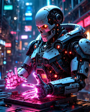 robot, with skull face, futuristic, neon in hands, glowing