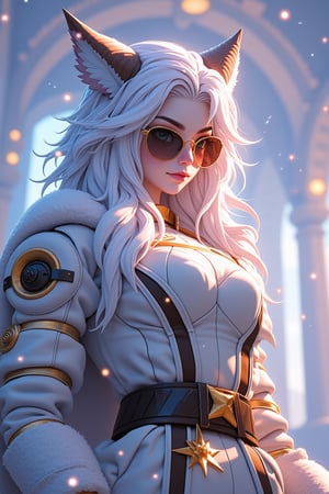 (((masterpiece))) , (((best quality))) , anime style, 2d, Golden ratio, selfie shot angle of a lowborn Futuristic Southern Sergeant (good-looking 1girl, solo:1.1) , in Bustled Dirac, White hairstyle, Feral Belt, ray-ban glasses and Fantasy Makeup, Snowy, Minecraft, Colorful, artstation, magic atmosphere, pure, ambient background, unique, enhanced quality