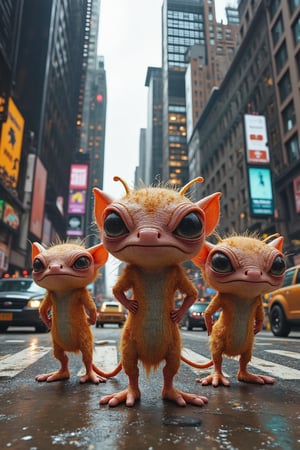 group of small, fluffy creatures with big, round eyes standing on a busy city street, looking up in shock at towering buildings and cars rushing by. Their alien-like features, such as extra limbs and vibrant colors, make them stand out in the human world