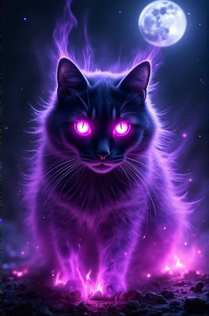 masterpiece,high resolution,super realistic, ,cinematic lights,realistic flames, onfire,cat,purple flames,night,moon,cat focus,halloween,scary,glowing cat eyes