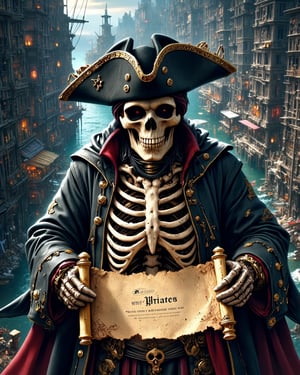 pirate, skeleton, retrofuturistic, pirate bay background, holding treasure map in hand, top view, pirate cocked hat