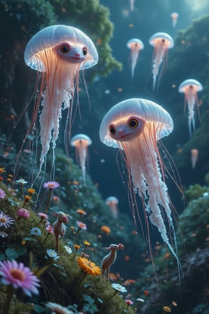 Tiny glowing creatures with wings, resembling a cross between fairies and jellyfish, floating above a meadow. Their expressions are wide-eyed and shocked as they stare at Earth animals like deer and birds, confused by the unfamiliar environment