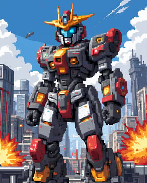 Mecha girl, town background, explosive, pixel art