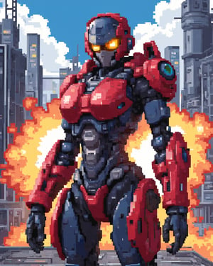 Mecha girl, town background, explosive, pixel art