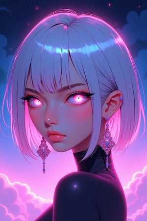 highly detailed portrait of a futuristic anime-style female character with short, sleek, silver hair glowing in vibrant neon hues of pink, purple, and blue. She has large, expressive eyes with glowing pink irises, framed by long, sharp eyelashes. The character is wearing ornate earrings that catch the light, adding a touch of luxury and sophistication. Her expression is neutral yet intense, giving off a mysterious vibe. The lighting reflects soft neon glows across her face and hair, creating a dreamlike, ethereal atmosphere. The background features a cosmic, star-filled sky with subtle clouds, reinforcing the futuristic and fantasy elements. The overall style is cyberpunk, with high-contrast shading, soft lighting effects, and a focus on digital, cinematic aesthetics