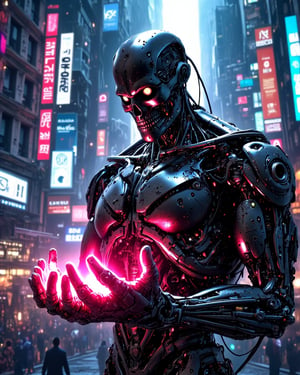 robot, terminator, skull face, futuristic, neon in hands, glowing, futuristic town background