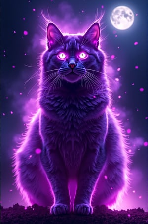 masterpiece,high resolution,super realistic, ,cinematic lights,realistic flames, onfire,cat,purple flames,night,moon,cat focus,halloween,scary,glowing cat eyes