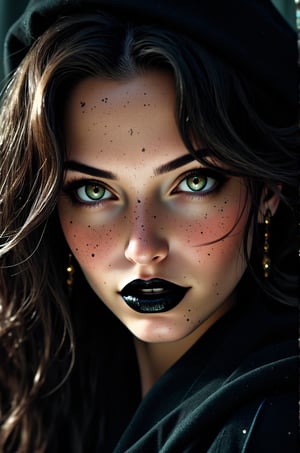 close up on face, great lighting, intricate detail, portrait of a female figure with fair skin. She has a piercing emerald green gaze. Her wavy dark brown hair frames her face. Her lips are beautiful and express a confident superiority. She wears black lipstick. High Detail, Perfect Composition, realistic photographic image, interesting backlighting, ArsMJStyle, dnddarkestfantasy, mythp0rt