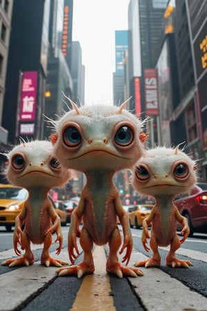 group of small, fluffy creatures with big, round eyes standing on a busy city street, looking up in shock at towering buildings and cars rushing by. Their alien-like features, such as extra limbs and vibrant colors, make them stand out in the human world