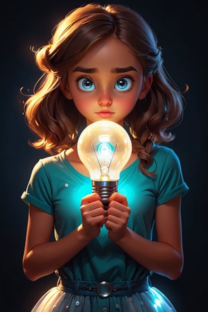 dvr-wwyt, a teenage girl, holding  a glowing lightbulb, hands on waist, closeup cute and adorable, cute big circular reflective eyes, double exposure.