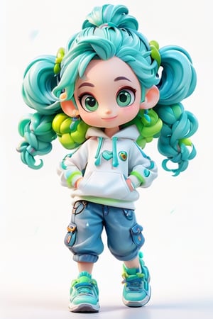 "Amira", 10 years old girl, with aqua hair and two long braids, 
Green shiny eyes, 
dressed in a white sweatshirt, short jeans, and blue sneakers. Happy pose. Kawaii character chibi style, white background, pixar disney style.