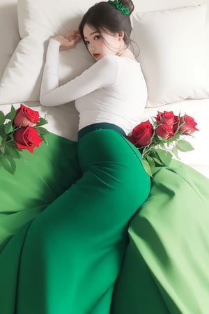 photorealistic, high resolution, masterpiece, best quality ,ultra-detailed,one girl on bed lying( emerald green and blue long skirt),hair bun ,rose flower on the head,accamsayarma outfit