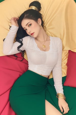 photorealistic, high resolution, masterpiece, best quality ,ultra-detailed,one girl on the bed lying( emerald green skirt), big hair bun ,accamsayarma outfit,wearing Golden Necklace,Golden bracelet ,Golden hairpin,Golden ring