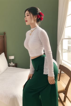 photorealistic, high resolution, masterpiece, best quality ,ultra-detailed, 1women, big hair bun ,  rose flower on the head,  mature female, solo, hips up, (undressing acmmsayarma outfit, acmmsayarma white top with buttons, long sleeves), ((acmmsayarma green long skirt)),Myanmar,doggystyle, on the bed of a rich mansion,Leaning_forward on a white pillow,Wearing Golden necklace,Golden and diamond earrings,Golden bracelet,Black watch