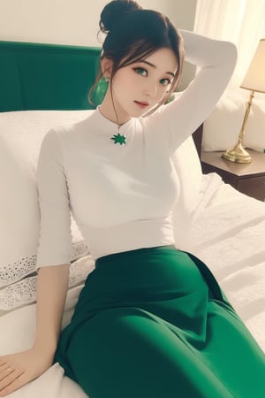 photorealistic, high resolution, masterpiece, best quality ,ultra-detailed,one girl on the bed lying( emerald green skirt), big hair bun ,accamsayarma outfit,