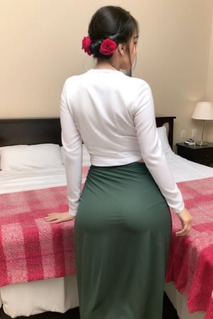 photorealistic, high resolution, masterpiece, best quality ,ultra-detailed, 1women, hair bun , jesmine flower on the head,  mature female, solo, hips up(back view), (wearing acmmsayarma outfit, acmmsayarma white top with buttons, long sleeves), ((acmmsayarma green long skirt))
Bending her hips on the huge and large bed with a sexy pose