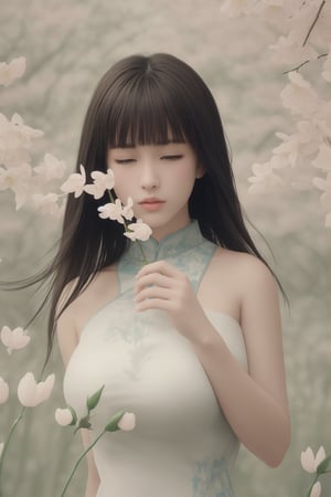 提示
(masterpiece, top quality, best quality, official art, beautiful and aesthetic:1.2), hdr, high contrast, wideshot, 1girl, long black straight hair with bangs, looking at viewer, relaxing expression, clearly brown eyes, longfade eyebrow, soft make up, ombre lips, large breast, hourglass body, finger detailed, BREAK wearing half naked floral cheongsam, holding flower, (smeling flower), (spring season theme:1.5), windy, spring forest background detailed, by KZY, BREAK frosty, ambient lighting, extreme detailed, cinematic shot, realistic ilustration, (soothing tones:1.3), (hyperdetailed:1.2)