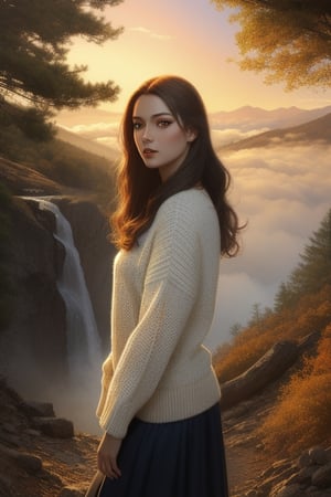In the golden hour of dusk,Deep in the red pine forest, There is fog, ground-level view, Matte painting, Rochas, distant waterfalls,(a beauty 1:1.3),wearing a white sweater,largeeyes,Long gray hair,Stunningly detailed, 4K, k hd, Clean, be full of details, Focus sharp, Xinhai City'the rule of thirds, tomas kinkade, karol bak, Hot topics on artstation