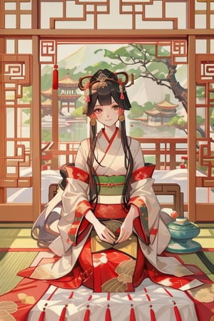 arafed woman in a kimono sitting on a bed in a room, palace , a girl in hanfu, ancient chinese princess, chinese empress, chinese princess, ancient asian dynasty princess, chinese woman, inspired by Yun Du-seo, ancient chinese goddess, ancient chinese beauties, wearing ancient chinese clothes, ancient china art style, serene illustration, japanese style painting.