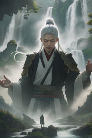 solo,(elder:1.2),(eyes_closed:1.2),kindly,mountain deity,freehand landscape painting,a male image,peak,waterfall,waterfall,gods,immortal,giant gods and mountains merge into one,white hair,white beard,white eyebrows,wrinkle,, masterpiece,best quality,highly detailed,Amazing,finely detail,extremely detailed CG unity 8k wallpaper,score:>=60,, beautiful detailed eyes,Fine hair texture,, incredibly absurdres,wallpaper,realistic,real,photo,landscape,foreshortening,xianxia