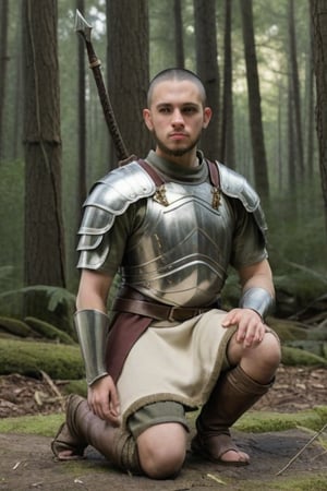 pinren,armor,realistic,male focus,facial hair,kneel on one knee,Single hair bun,,(forest background:1.4),full body,looking at viewer,facing straight ahead,