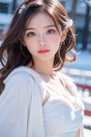 (highest quality, 8k, 32K,details are very clear),realistic, High resolution, 1 Japanese woman, alone, (lolita costume),luxurious costume,towards the audience,(Upper body,upper limbs), beautiful eyes, brown hair, Ring-shaped eyes, (outside,heavy snowfall,thick fur cape,cover with snow),snowfield,blue eyes,highest qualityのイラスト,detailed facial features、swimsuit