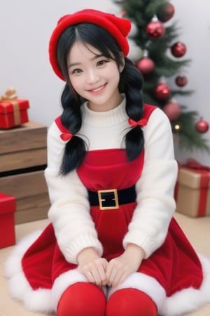 1girl,moyou,masterpiece, best quality,1girl,winterstyle, christmasstyle, 1girl, solo, christmas tree, black hair, realistic, smile, twintails, christmas, stuffed toy, sitting, gift, stuffed animal, teddy bear, socks, christmas ornaments, looking at viewer
