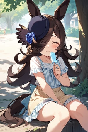 best_quality,masterpiece,1girl ,rice shower \(umamusume\),horse ears,long hair,brown hair,black hair,hair over one eye,riceshowerXL,cute_shirt:1.3,cut_short:1.3,medium full shot,sitting, under tree shade, holding popsicle, enjoying expression, summer, hot weather, closed eyes, relaxed, feeling cool, smiling, casual summer outfit, detailed background, sunlight filtering through leaves, peaceful atmosphere, detailed face, ice melting,nice_hands