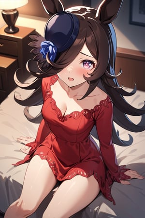 best_quality,masterpiece,1girl,rice shower \(umamusume\),horse ears,long hair,brown hair,black hair,hair over one eye,riceshowerXL,red night gown:1.3,tilt head:1.3,looking_at_viewer,medium breasts,from above,open clothes,cleavage,live figure,nice_hands,heart-shaped pupils,open mouth,sitting on bed,bare feet, detailed background, indoors,at night