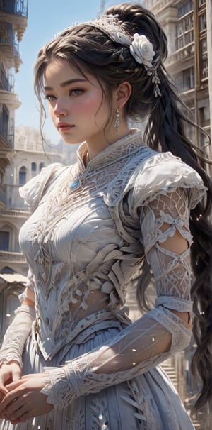 ((Surreal reality of stunning 16-year-old girl generated,)) White lace dress with extremely rich intricate details, long dark hair tied into a ponytail, light blue eyes, meaningful colors, 16k Resolution, masterpiece, highly complex settings, dynamic lighting, breathtaking, lovely photography style, extremely realistic,cenn,Beautiful eyes girl,cute