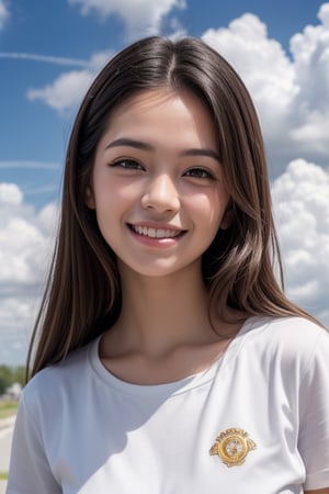 (1girl:1.2), (big smile), beautiful face, Amazing face and eyes, long silky brown hair, wearing white t shirt, delicate, (Best Quality:1.4), (Ultra-detailed), (extremely detailed beautiful face), cute smile, brown eyes, (highly detailed Beautiful face), (summer high school uniform:1.2), (extremely detailed CG unified 8k wallpaper), Highly detailed, High-definition raw color photos, Professional Photography, Realistic portrait, Extremely high resolution, smiling, (Clouds all over the sky, cloudy sky, lots of clouds:1.5), (cloudy day:1.5), half figure,q girl,cen,a smiling girl,cen0411-01,qcen
