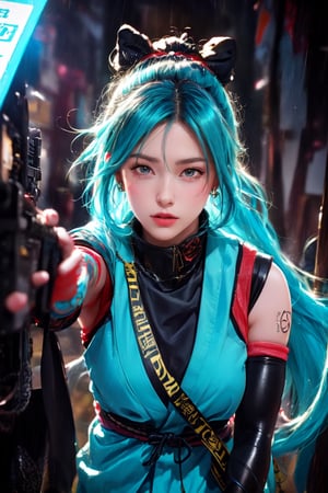 a Japanese ninja warrior girl, long cyan hair, ready to attack, high quality, high resolution, high precision, realism, color correction, proper lighting settings, harmonious composition.,cen0411-01