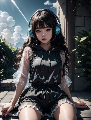 a cute korean girl large-eyed girl, bangs, long wavy hair, lying down, 
see through dress, sky, shorts, day, sword, cloud, hood, two-tone hair, blue sky, headphones, bike shorts, science fiction, orchid flowers, petals, 
octane rendering, ray tracing, 3d rendering, masterpiece, best Quality, Tyndall effect, good composition, highly details, warm soft light, three-dimensional lighting, volume lighting, Film light,cen