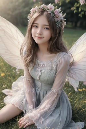  16 yo fairy, on the grass, flowers in the background, high angel pov 120mm, macro shot, depth of field, soft front light, glow, HDR, (muted colors:1.2), Canon RF 100mm F2.8L Macro IS USM,a smiling girl,wgirl