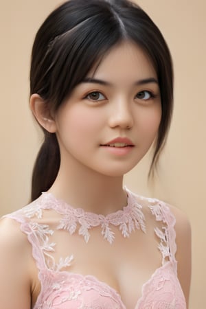 A young alluring woman wearing black hair in a transparent hollow pink lace dress, in the style of hyperrealism and photorealism, UHD image, soft-focused realism, pastel color, babycore, gentle smile,cenn,Ycen,Beautiful eyes girl