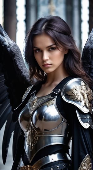 A portrait of a dark angel girl, resembling St. Michael the Archangel in girl, light tones, dark-robed and armored with ornaments of intrincate details, with a sword, dark and gloomy image, Dramatic Light,Ycen