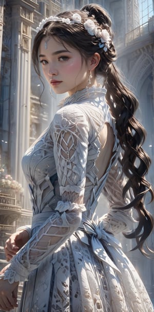 ((Surreal reality of stunning 16-year-old girl generated,)) White lace dress with extremely rich intricate details, long dark hair tied into a ponytail, light blue eyes, meaningful colors, 16k Resolution, masterpiece, highly complex settings, dynamic lighting, breathtaking, lovely photography style, extremely realistic,cenn