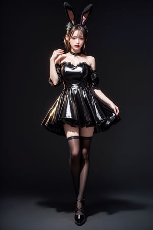 (masterpiece, high quality:1.5), (8K, HDR), 1girl, solo, full_body, Bunny Uniform, Glossy patent leather, black background, FuturEvoLab-girl, FuturEvoLab-Bunny, ,cen