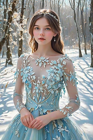 This is a captivating impressionistic oil painting of an 16-year-old girl,see-through elegantly dressed in a whimsical ice-inspired gown. Her eyes sparkle with curiosity, focused on things beyond the viewer's view. The delicate floral details and flowing train of the gown are intricately painted with soft brushstrokes, creating a dreamy, otherworldly atmosphere. The background is a mix of cool tones, and the winter light filtering through the trees gives the entire scene a magical aura.,Ycen,see-through,cute cen