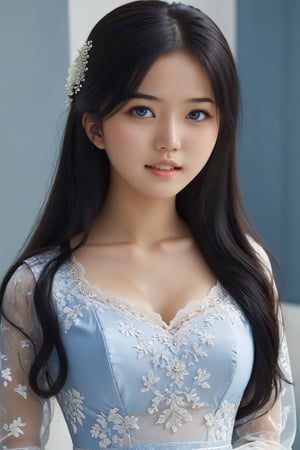 Masterpiece, Korean 16 year old girl, long straight black hair, dark blue eyes, full body photo ((best quality, 8k, super detailed)), full body photo, perfect anatomy, full body photo, kanna kamui, (18 years old Girl: 1.4), (Solo: 1.4), (Flat chest: 1.4), pretty face, blue transparent lace blouse, full body photo, (Wedding dress: 1.4), exposed navel, CENN, CCEN, Ycen, detailed XL, Expressiveh , pretty eyed girl,ao_yem,Yogapants