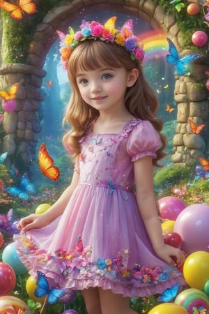 colorful and cute theme, a 16 yo woman, cute, innocent, rosy cheeks, floral dress, (sparkling headdress: 1.2), wand, (talking animal companion: 1.3), magical forest, colorful butterflies, magical creatures, (friendly dragon: 1.1), castle, rainbow, (floating fairy: 1.1), (huge lollipop: 0.9), (candy house: 1.2), (wishing well: 1.1), sparks, Happiness, Adventure (Storybook: 1.1), Fantasy, Fantasy, and Fantastic (Ray Tracing, HDR, Illusory Rendering, Reasonable Design, High Detail, Masterpiece, Best Quality, Ultra high Definition),kid_backdrop,cenn